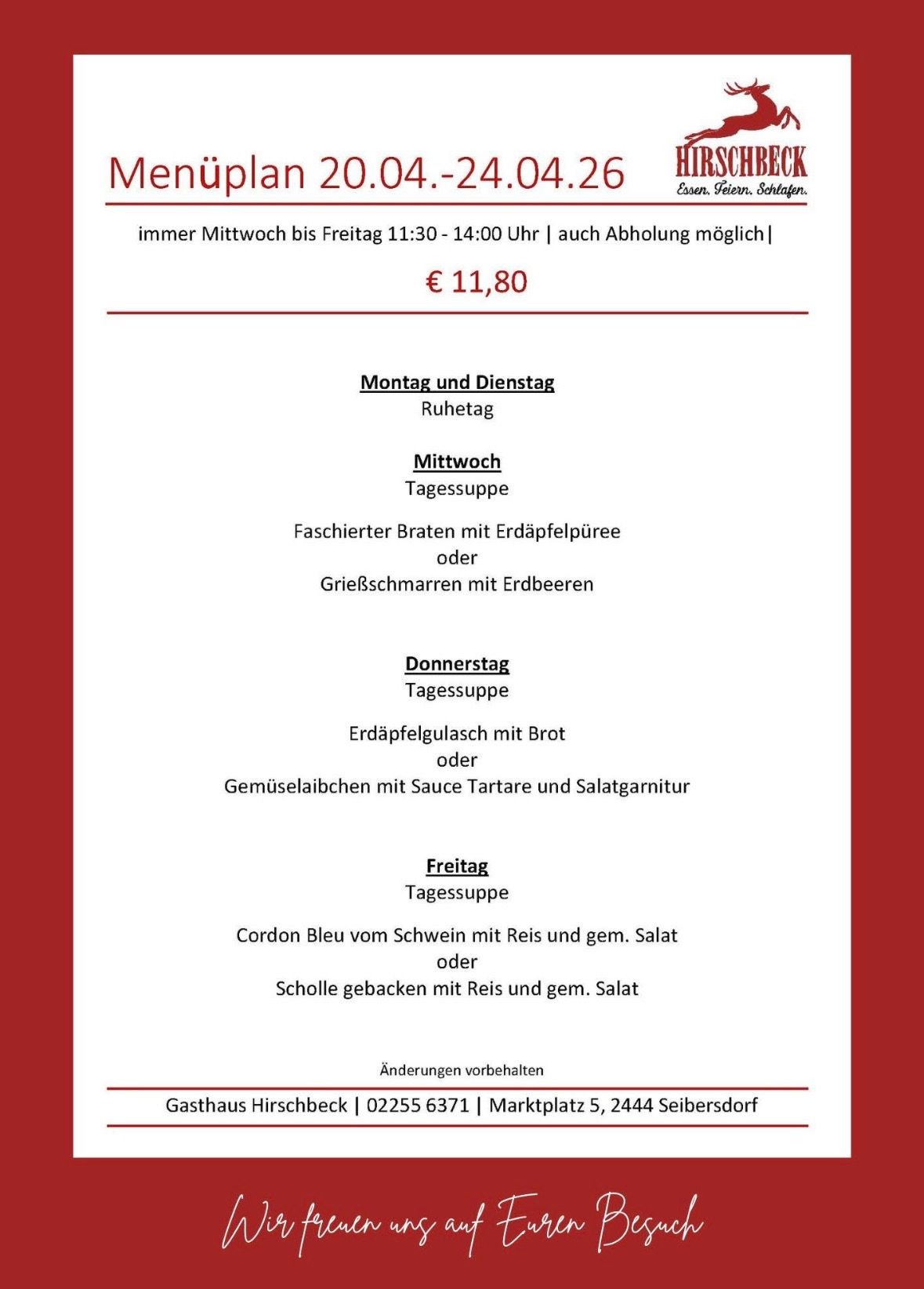 Die Wochenkarte des Gasthaus Hirschbeck in Seibersdorf mit saisonalen Angeboten und Gerichten der aktuellen Woche